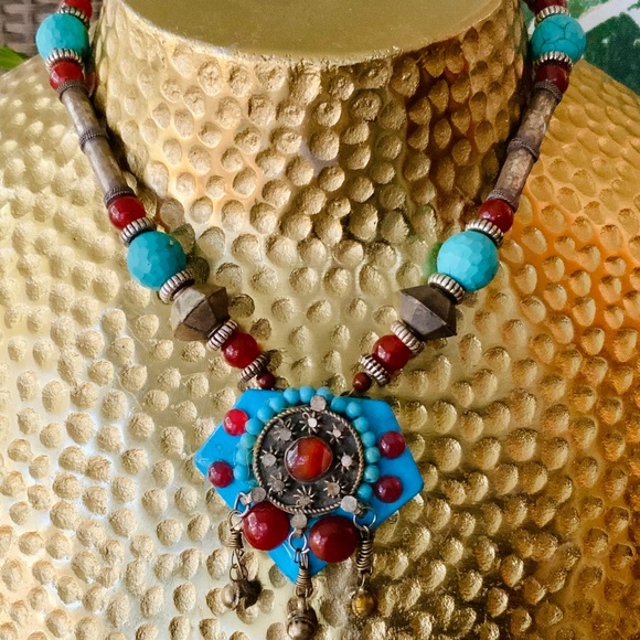 Handmade NECKLACE TURQ HOWLITE/CARNELIAN STONE UNIQUE VINTAGE AFGHAN Silver - Picture 11 of 16